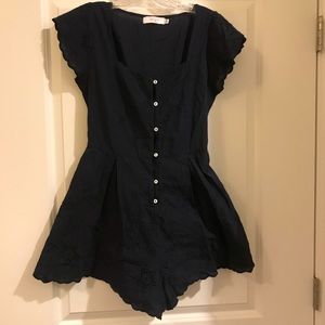 Henri Girl Navy Romper with Lace Detail